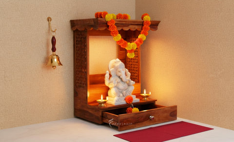 Close-up of the single storage drawer on the Aaradhya wall-mounted mandir.