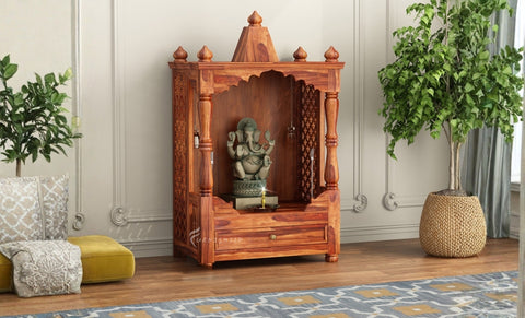 Large wooden mandir for home, shown in a living room