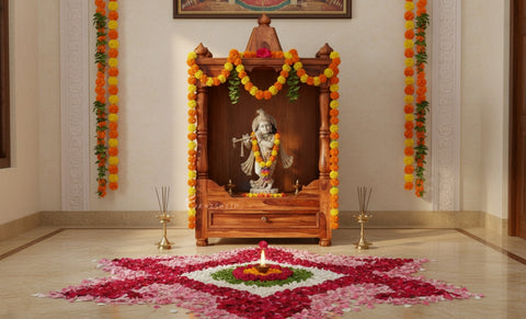 Divya Sheesham wood pooja mandir with jaali work and drawer.