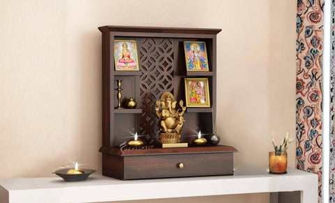 Sanvi pooja cabinet shown on a white shelf with idols.