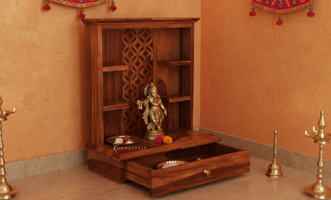 Close-up of the jaali work on the Sanvi pooja mandir.