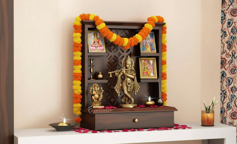 Sanvi wooden pooja mandir with multiple shelves and drawer