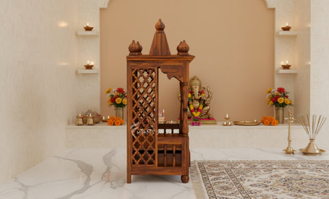 Wooden altar with decorative items in a room with marble floor and beige walls.