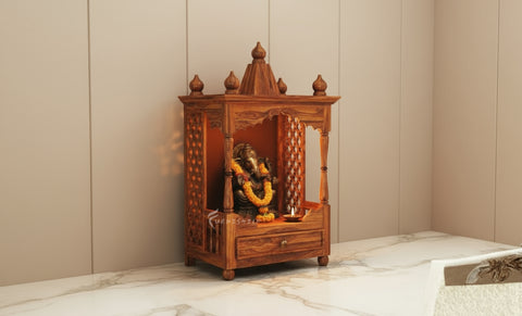 Aadya Sheesham wood mandir, front view with drawer closed.