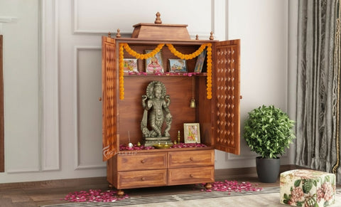 Sanskriti large wooden pooja mandir with doors and four drawers.