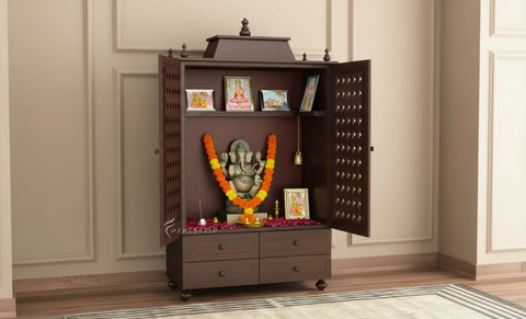 Sanskriti large wooden pooja mandir with doors and four drawers.