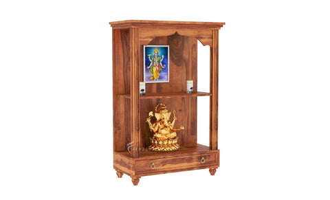 Ekaant Sheesham wood mandir with multi-level shelves for idols