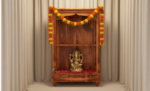Ekaant tall wooden pooja mandir with shelves and two drawers