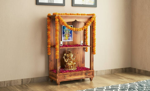 Close-up of the two storage drawers on the Ekaant pooja mandir