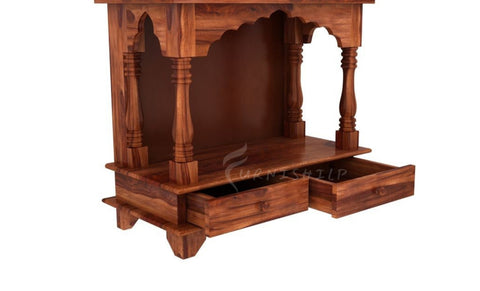 Close-up of the storage drawers on the Advika pooja mandir.