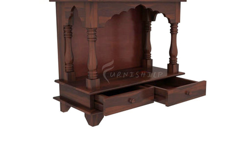 Close-up of the storage drawers on the Advika pooja mandir