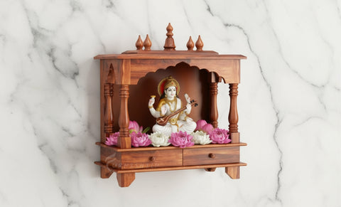 Advika wall-mounted pooja mandir in Sheesham wood.