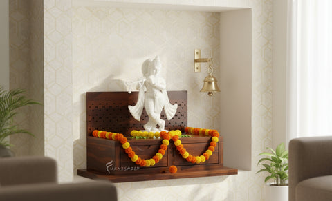 Vihana floating mandir shelf shown on a wall with an idol