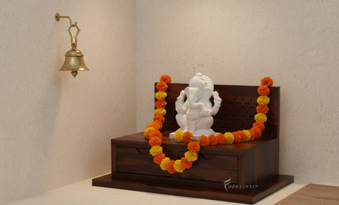 Close-up of the two storage drawers on the Vihana wall-mounted mandir.