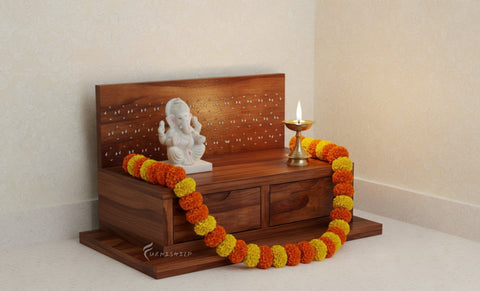 Vihana floating mandir shelf shown on a wall with an idol