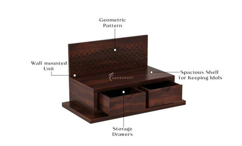 Close-up of the two storage drawers on the Vihana wall-mounted mandir.