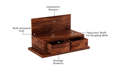 Close-up of the two storage drawers on the Vihana wall-mounted mandir.